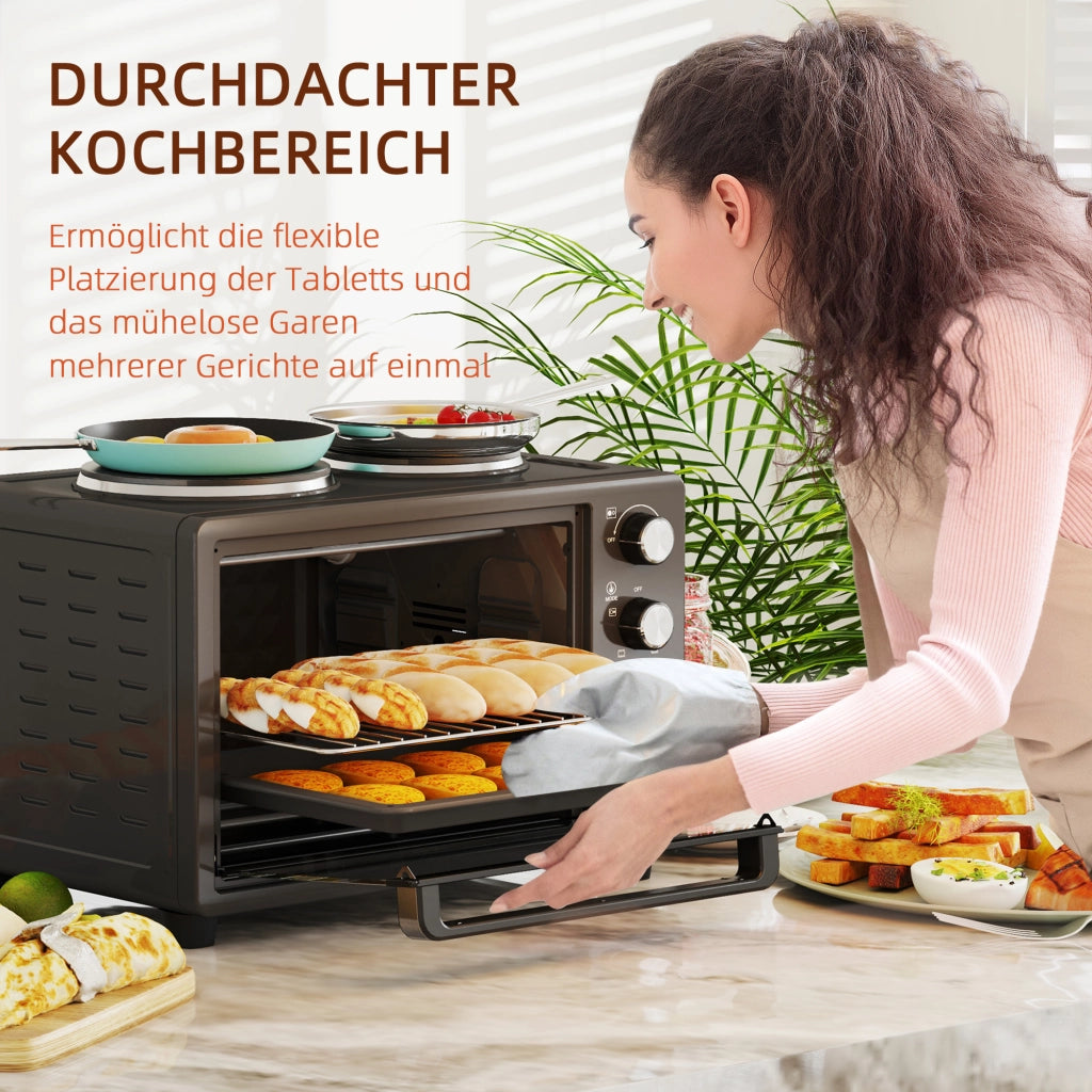 Mini Forno Elettrico 28L 2600W, 100-230°C, Timer 60 Min, con 2 Piastre Riscaldanti, Teglia, Griglia e Vassoio Briciole, Maniglia, Nero