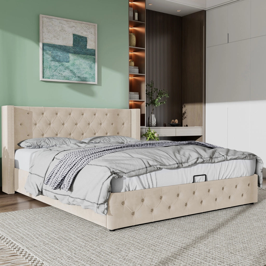 Letto imbottito con orecchie - Zephmum - Doppia fila di rivetti, cuciture a bottone, testata e pediera, 180*200, idraulico, funzionale, sottolato in tessuto non tessuto nero antimacchia, beige