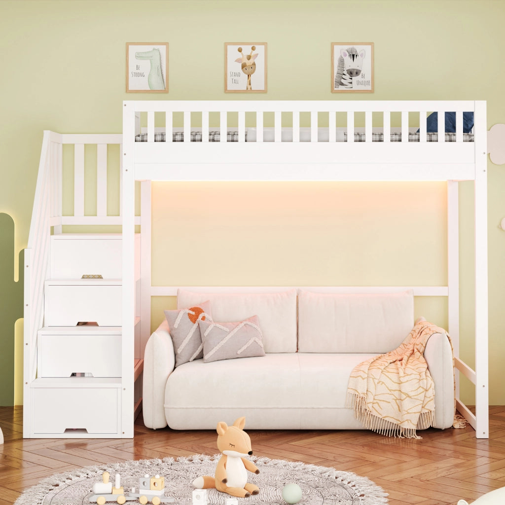 Letto a soppalco 90x200 cm in legno con scala contenitore e LED; bianco