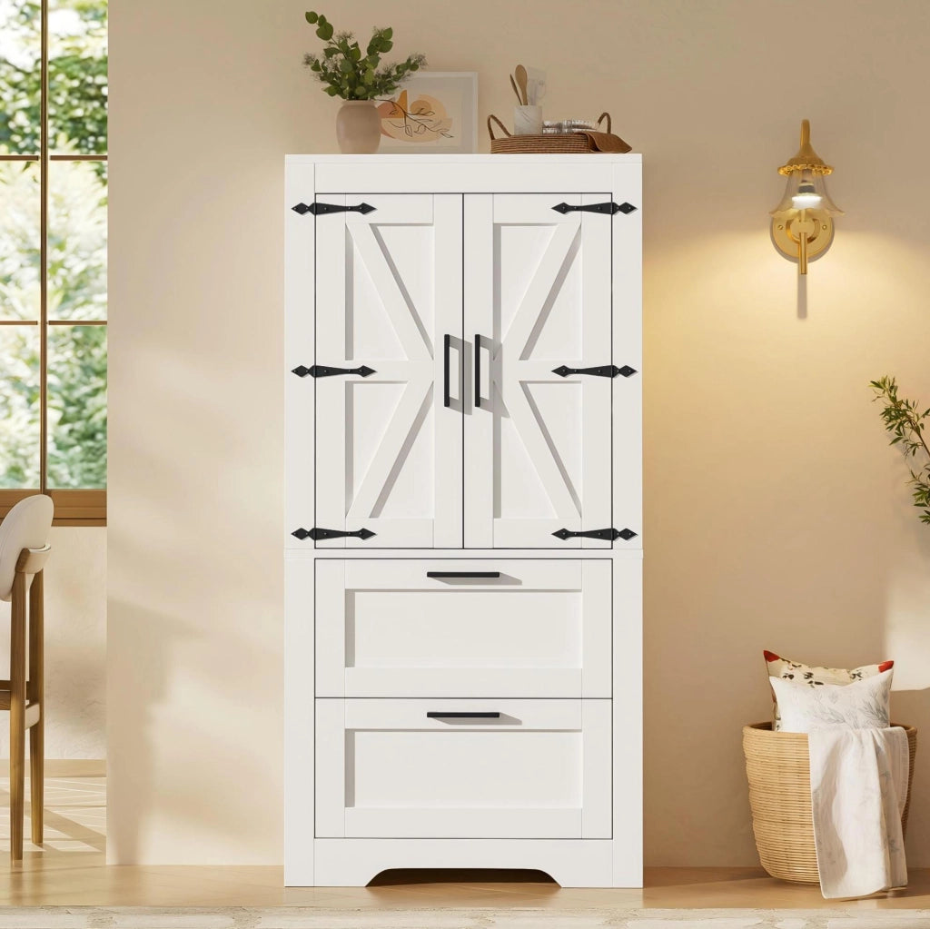 Credenza alta stile fienile con 2 cassetti, bianca