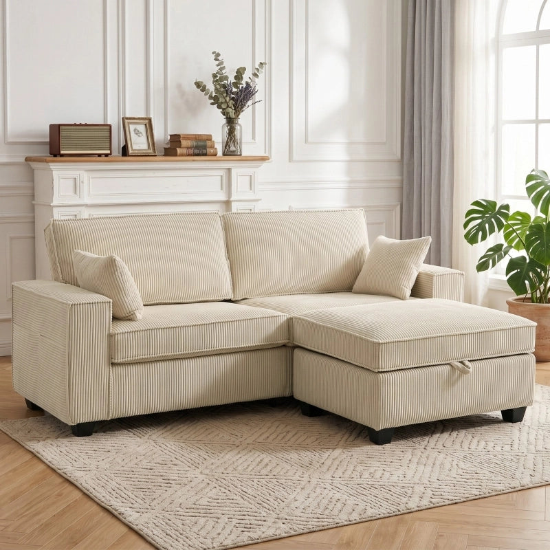 Divano modulare 3 posti con pouf contenitore in cord beige