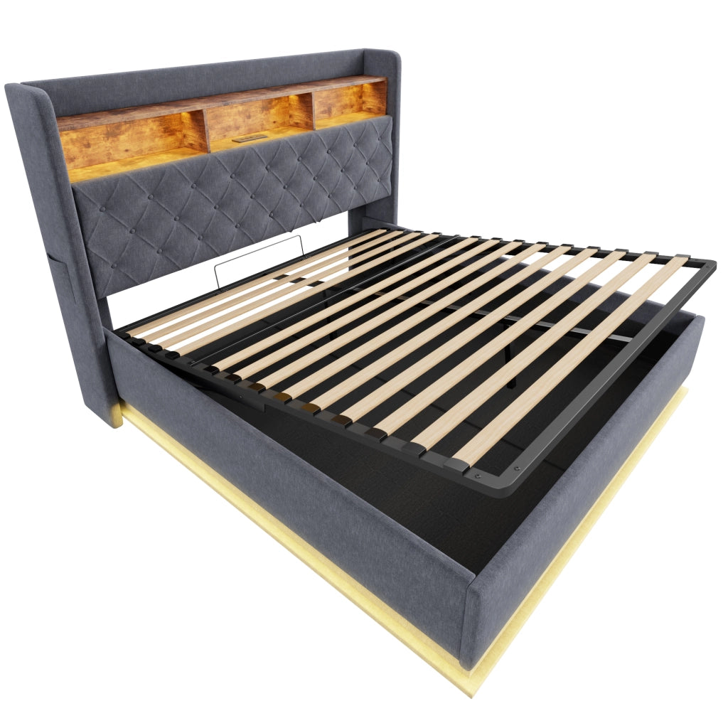 Letto Contenitore 160 x 200 cm con LED; USB e vano idraulico in Tessuto Grigio