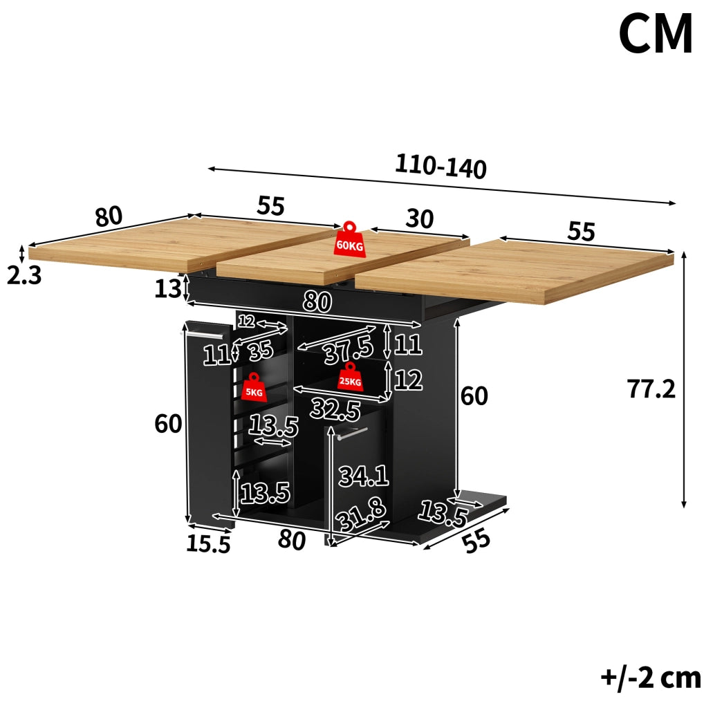 TAVOLO Allungabile 110-140x80x77,2 cm MDF Nero con LED e spazio contenitore