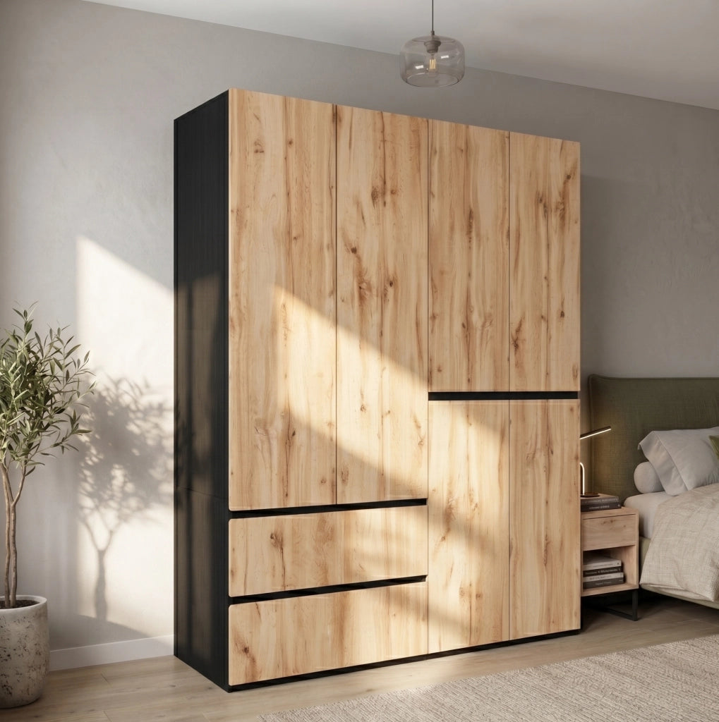 Armadio 6 ante 180x50x200 cm con 5 cassetti e 2 barre appendiabiti rovere HAVRYA