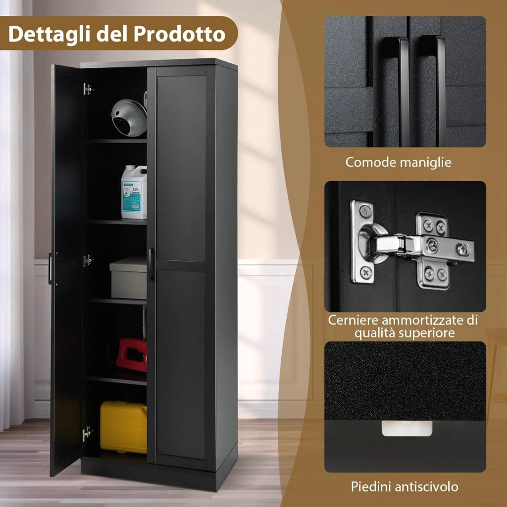 Armadio Alto di Stoccaggio a Pavimento con 2 Ante, Mobile Multiuso con Ripiani Regolabili, Armadietto di Stoccaggio in Legno Capacità di Carico di 90 kg, 59 x 43,5 x 178 cm (nero)