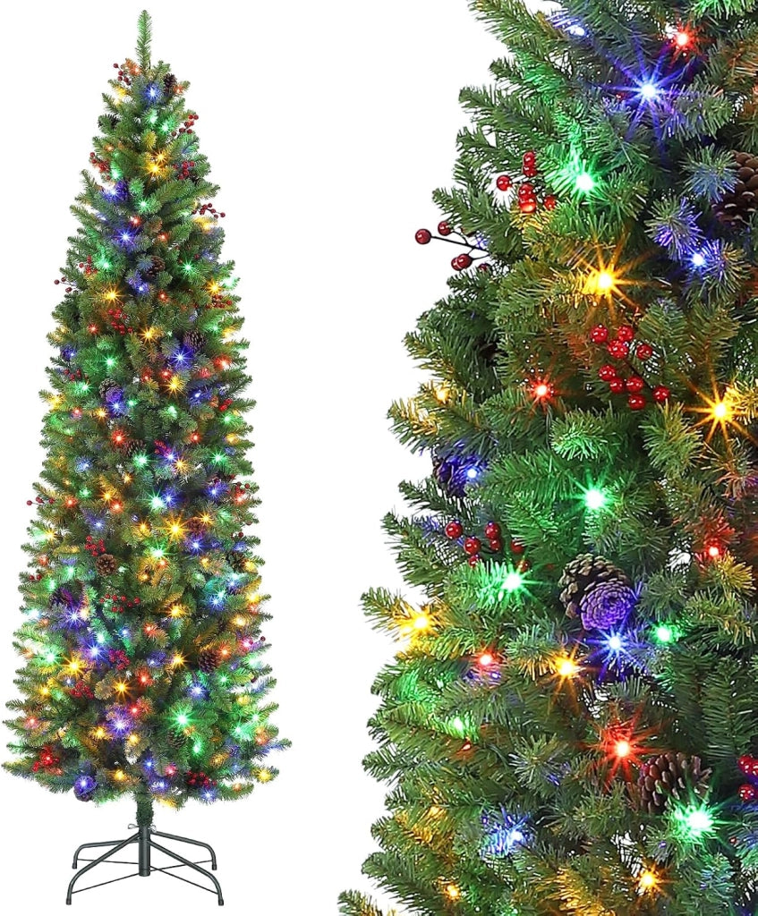 Albero di Natale 230cm con 350 LED Bicolore 9 Modalita 880 Punte Bacche e Pigne Spina UE