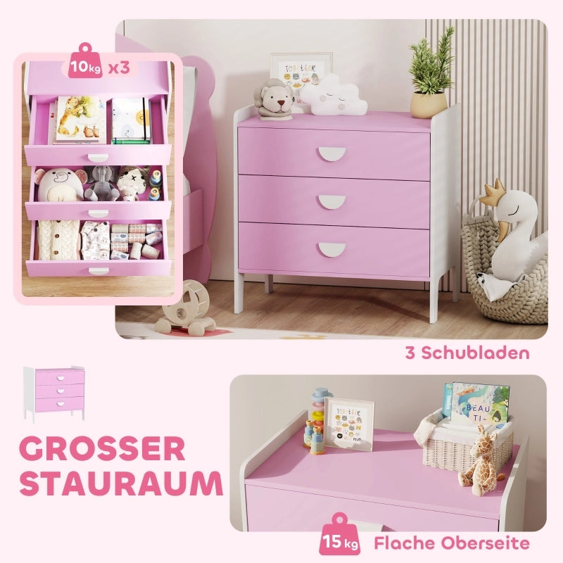 Comò per bambini con 3 cassetti, MDF, rosa e bianco