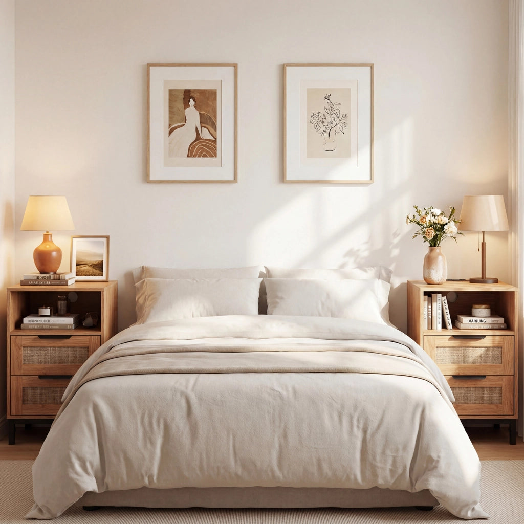 Comodino rattan stazione ricarica tavolino letto boho, Comodino ripiano aperto 2 cassetti gambe metallo camera soggiorno ingresso Naturale