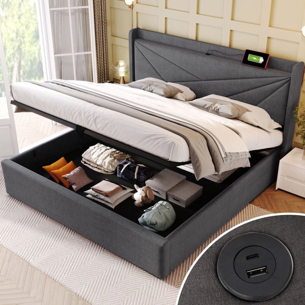 Letto matrimoniale con contenitore 180x200 cm; testiera con USB e Type-C; grigio
