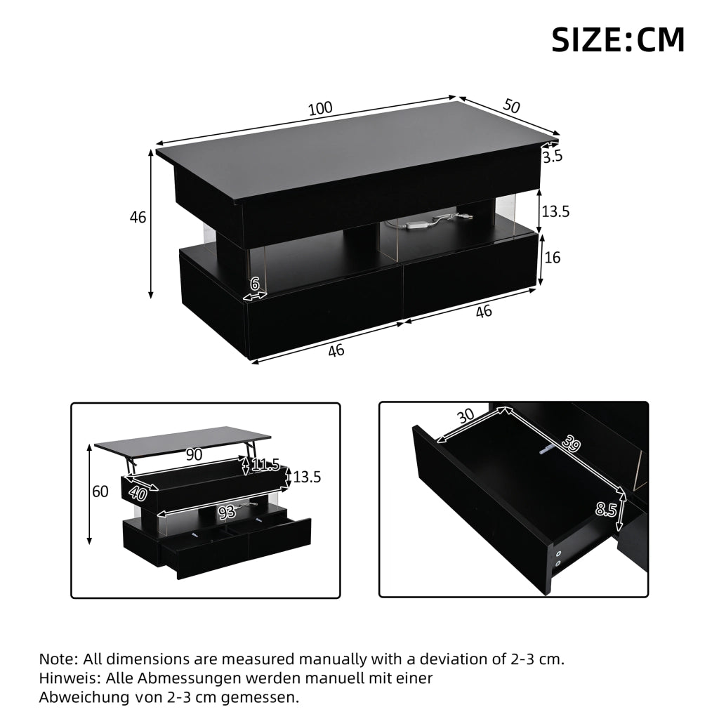 Tavolino da Salotto Sollevabile LED Nero Lucido MDF 100x50x46 cm