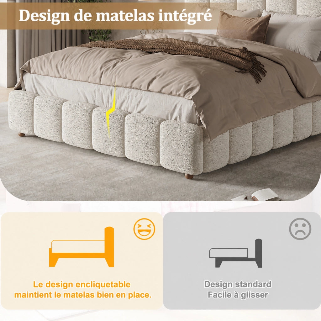 Letto contenitore 140 x 200 cm in tessuto boucl¨¦ bianco, matrimoniale imbottito idraulico con rete a doghe e ampio contenitore, testiera trapuntata