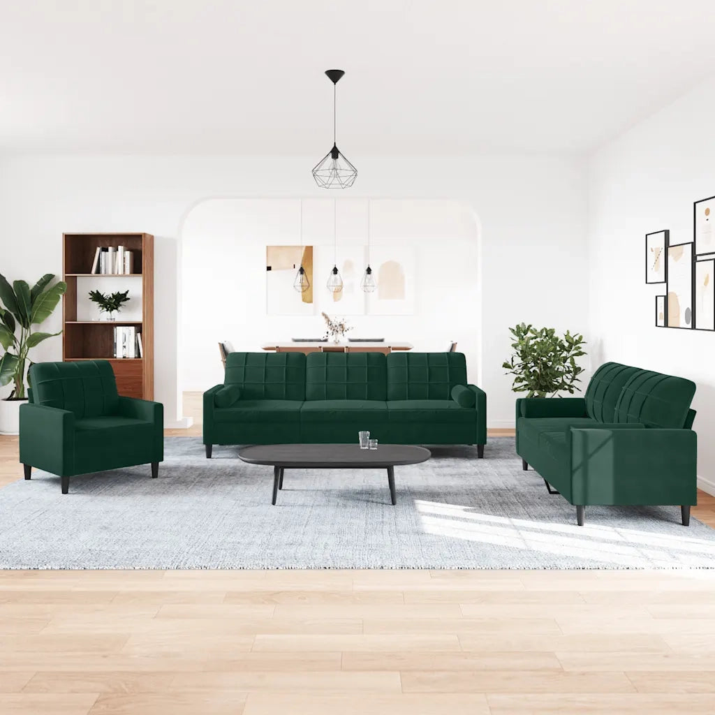 Set di Divani 3 pz con Cuscini e Rinforzi Verde scuro Velluto