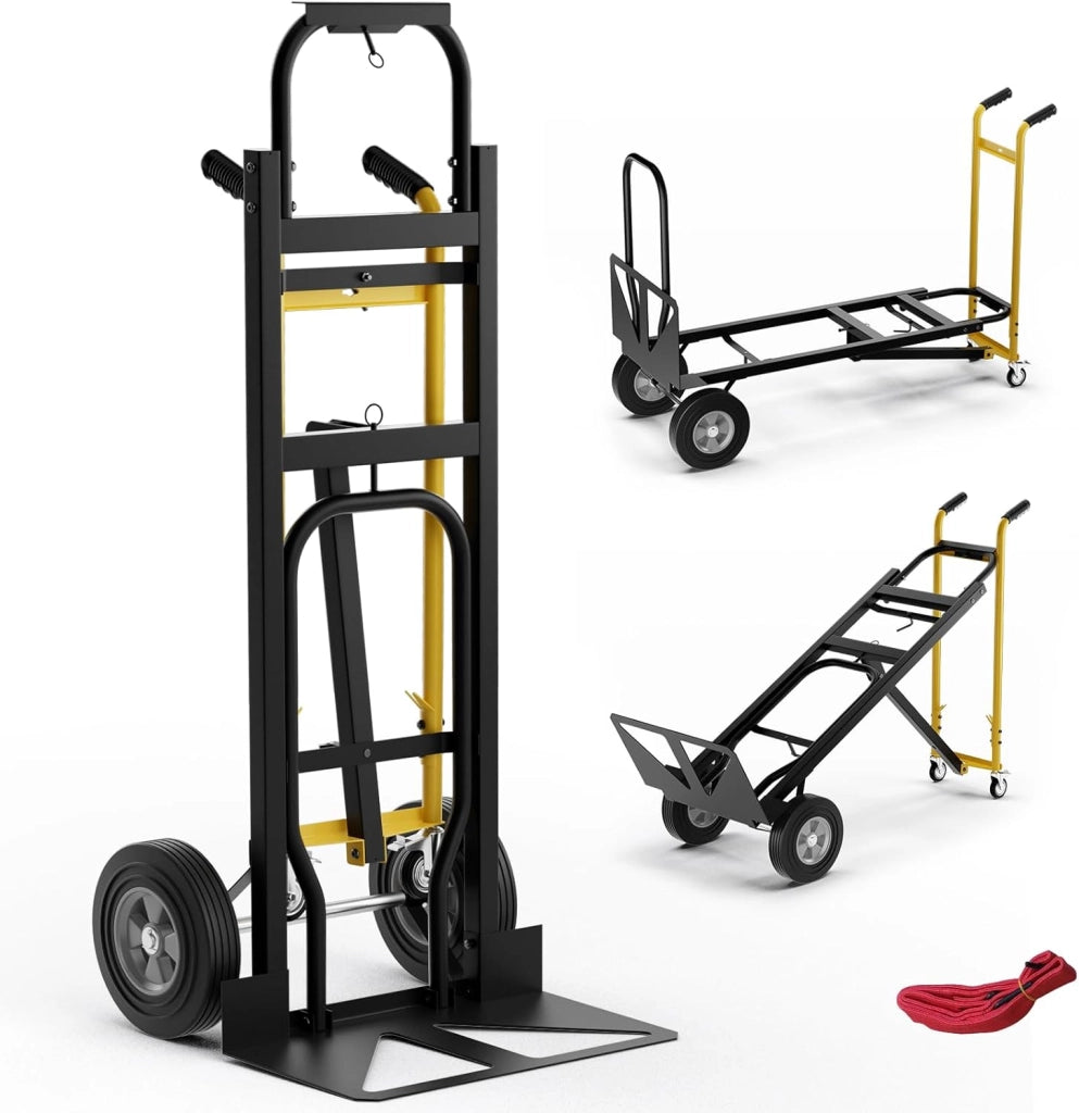 3 in 1 Carrello a Mano, Carrello Portapacchi con 4 Ruote in Gomma, Carrello Pieghevole per Trasporto e Spostamento in Magazzino, Casa, Portata Massima 450 kg