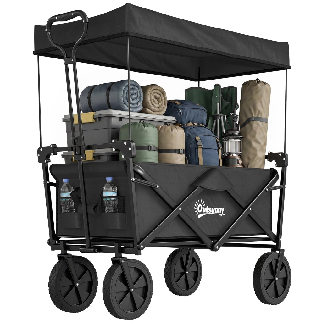Carrello da trasporto pieghevole con tettuccio, telaio in acciaio nero, capacità 110L, 97x52x105 cm, robusto e salvaspazio
