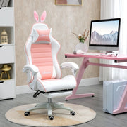 Sedia gaming rosa con orecchie da coniglio e poggiapiedi