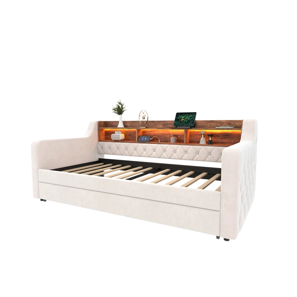Letto Singolo Contenitore Imbottito in Velluto con LED e USB ¨C MINIMAL ¨C Beige 90x190