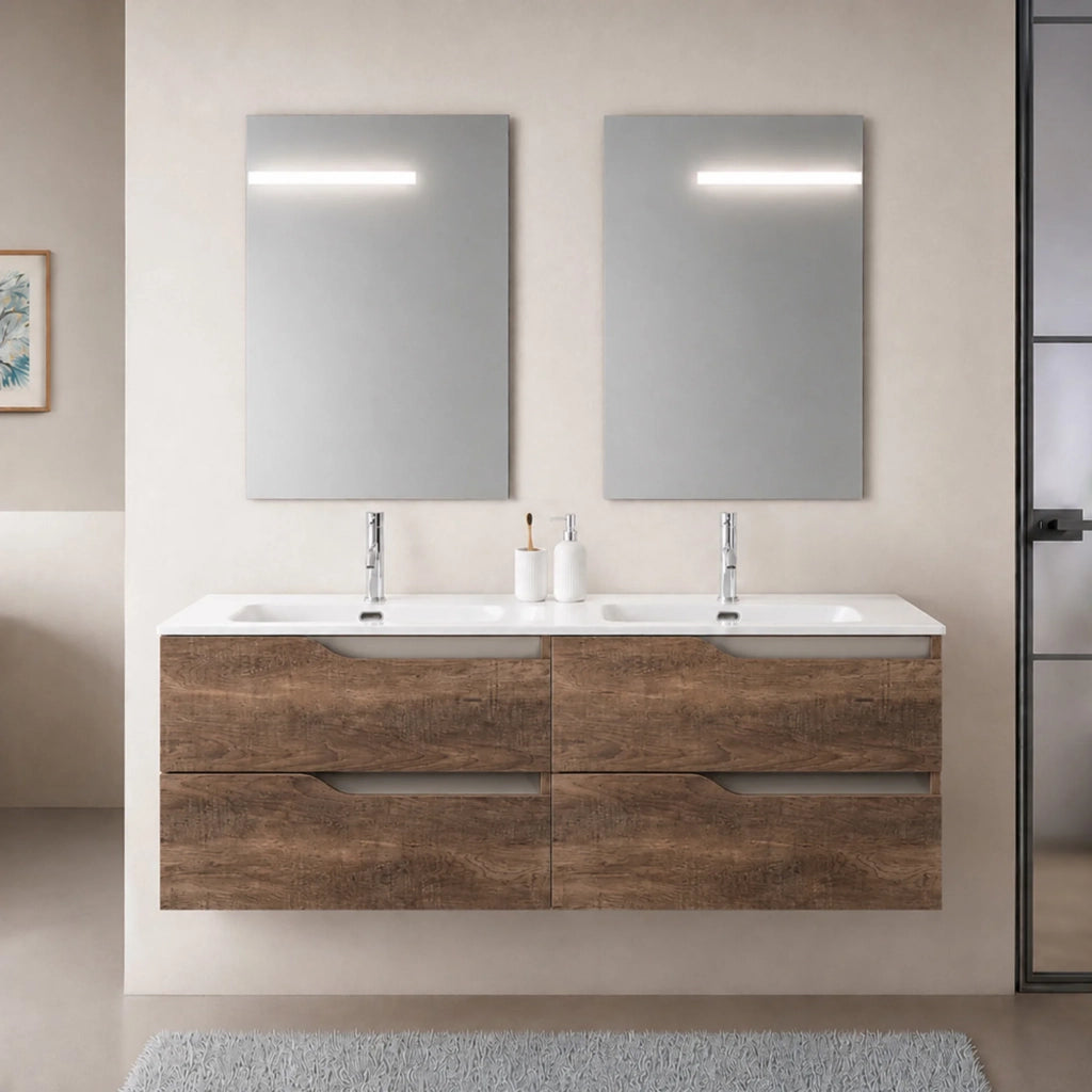 Mobile bagno sospeso 120 cm tabacco e tortora due cassetti e doppia vasca Sumya
