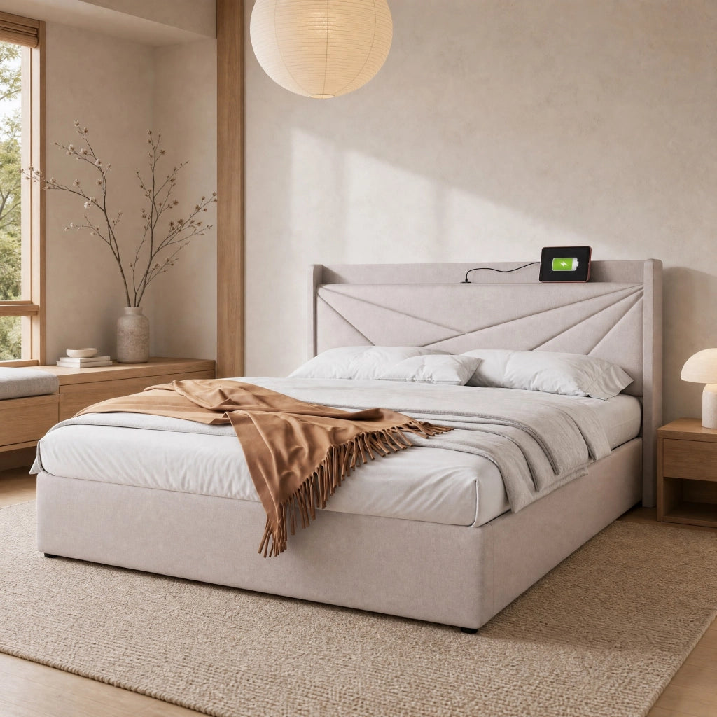 Letto matrimoniale con contenitore 180x200 cm in cotone e lino beige; con USB e Type-C