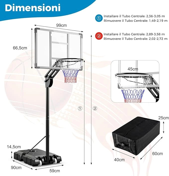 Canestro da Basket da Esterno per Adulti Professionale, Canestro da Basket Portatile e Regolabile 149-305 cm con Tabella Indistruttibile, 2 Ruote, Base Riempibile e Sacchetto di Pesi