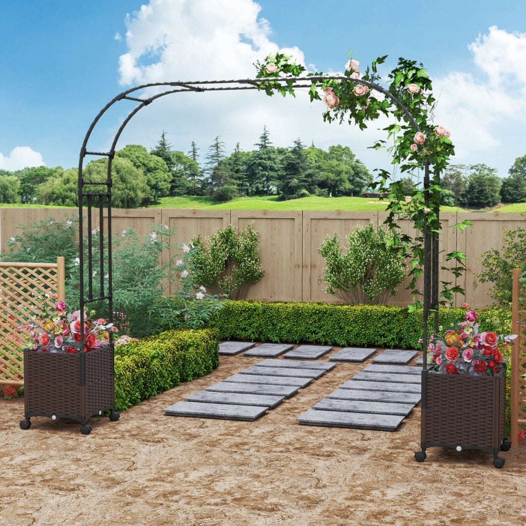 Arco da giardino 288 cm con 2 fioriere-Arco decorativo per piante rampicanti con sistema di autoirrigazione Nero + Marrone