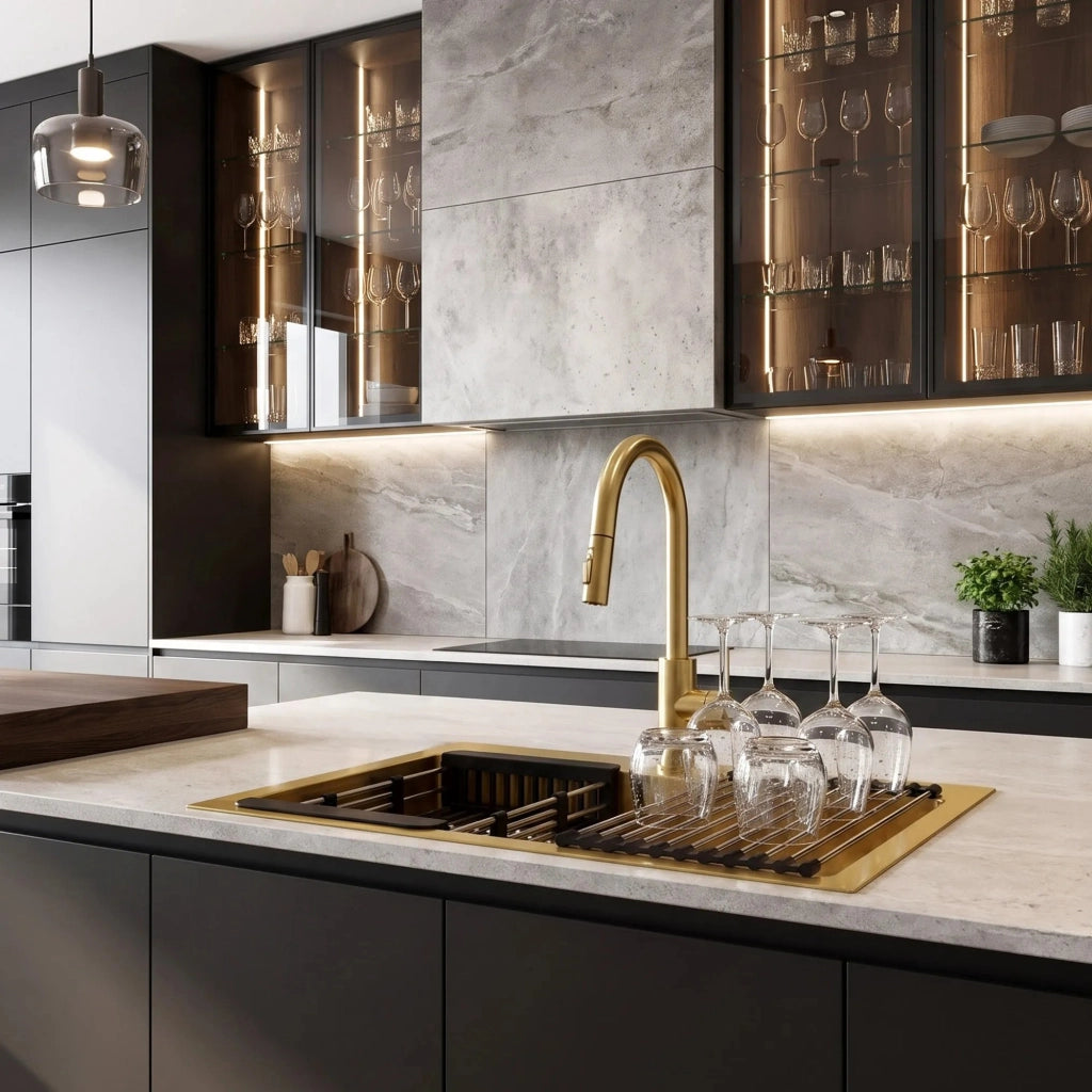 Lavello In Acciaio Con Set Di Accessori 3 Pz. Rea Liam Brush Gold Accessori beige