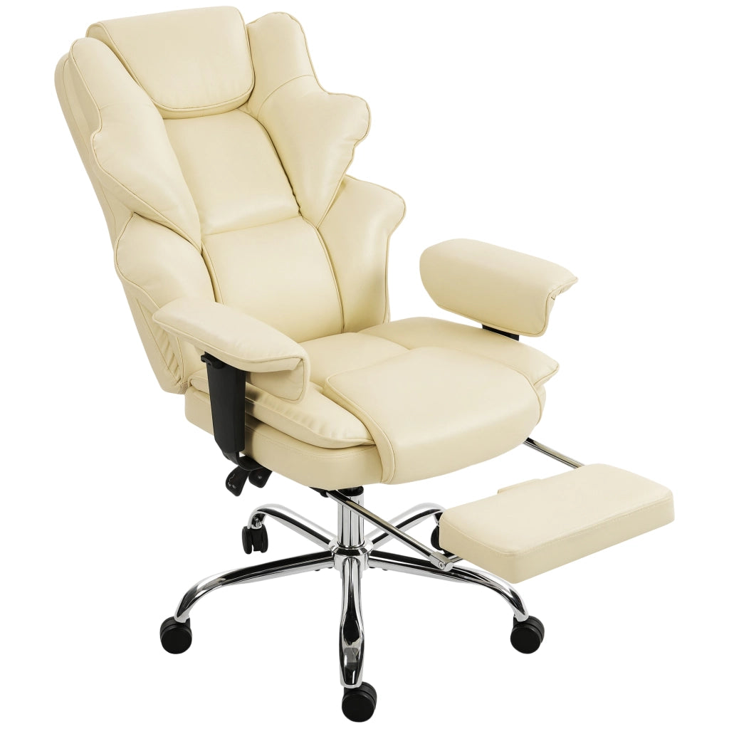 Sedia da Ufficio con Poggiapiedi e Poggiatesta, in Pelle PU, Schiuma e Metallo, 76x73x117-125 cm, Bianco Crema