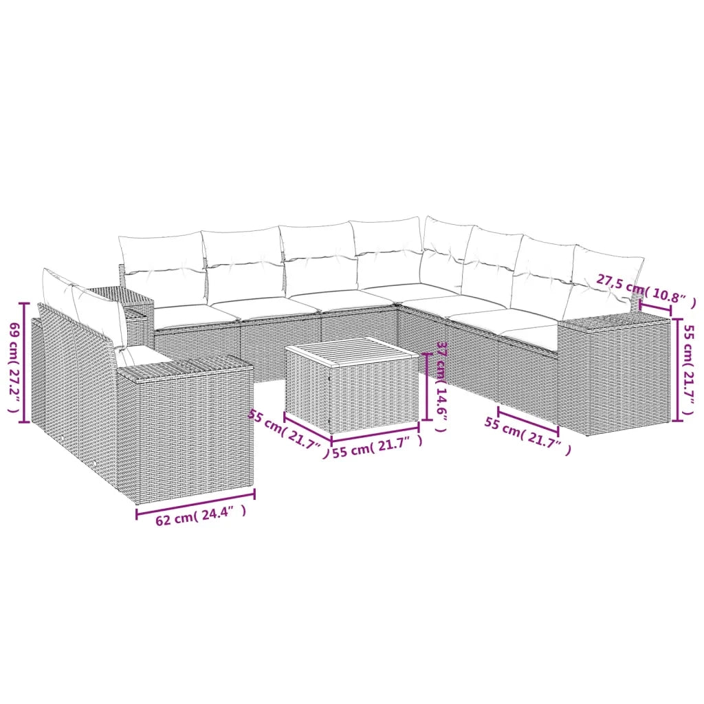 Set Divano da Giardino 10 pz con Cuscini Beige in Polyrattan