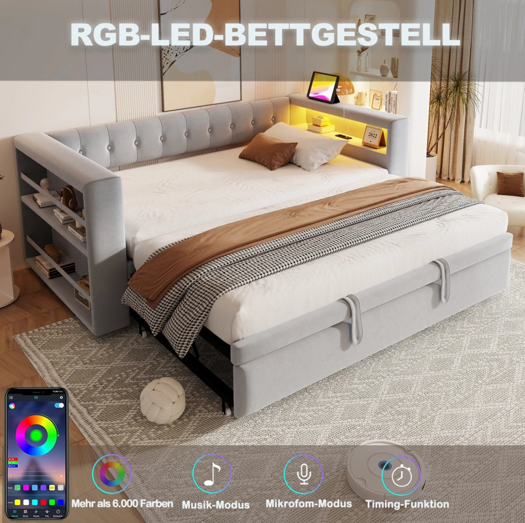 Divano letto multifunzione grigio chiaro 90/180x190 cm con LED