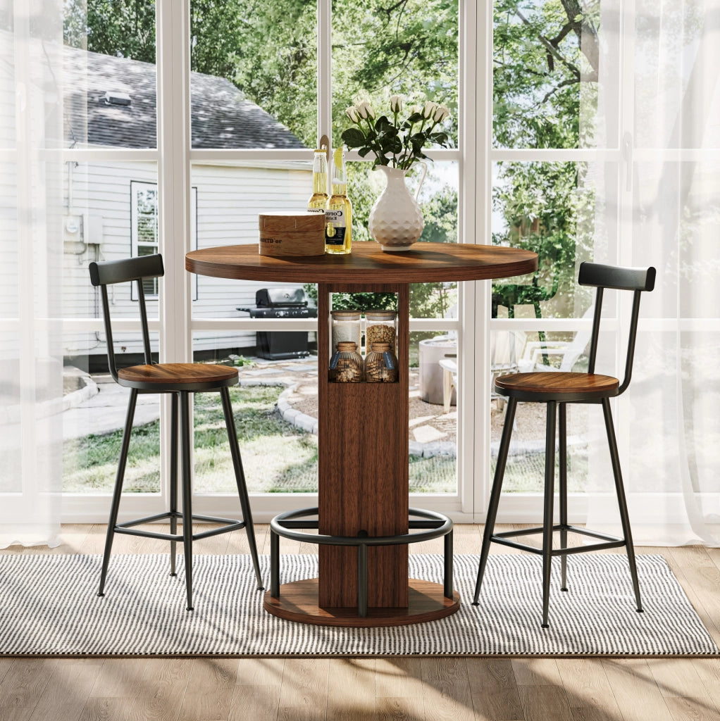 TAVOLO BAR ROTONDO 80 cm Noce Set 3 pezzi con 2 sgabelli