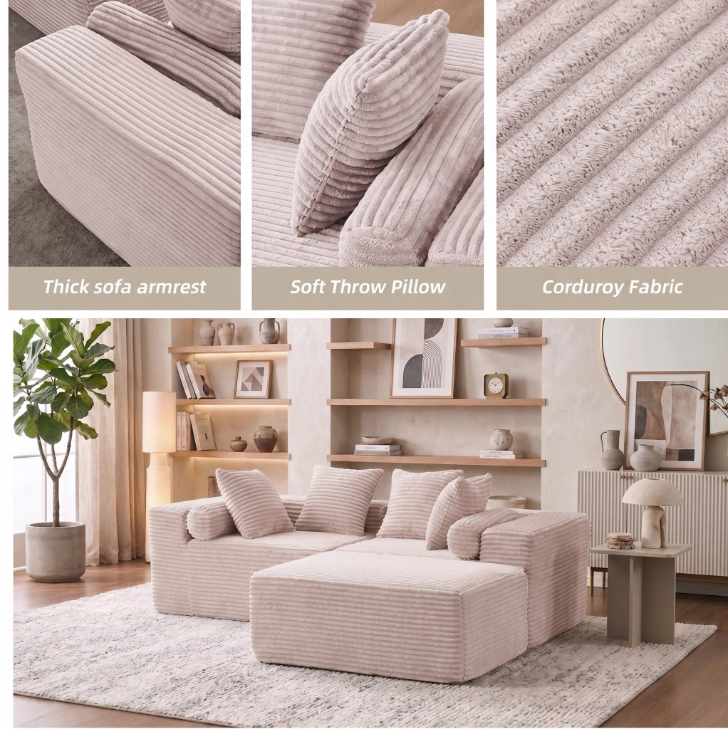 Divano componibile a L con chaise longue; 3 moduli; schiuma e molle; beige