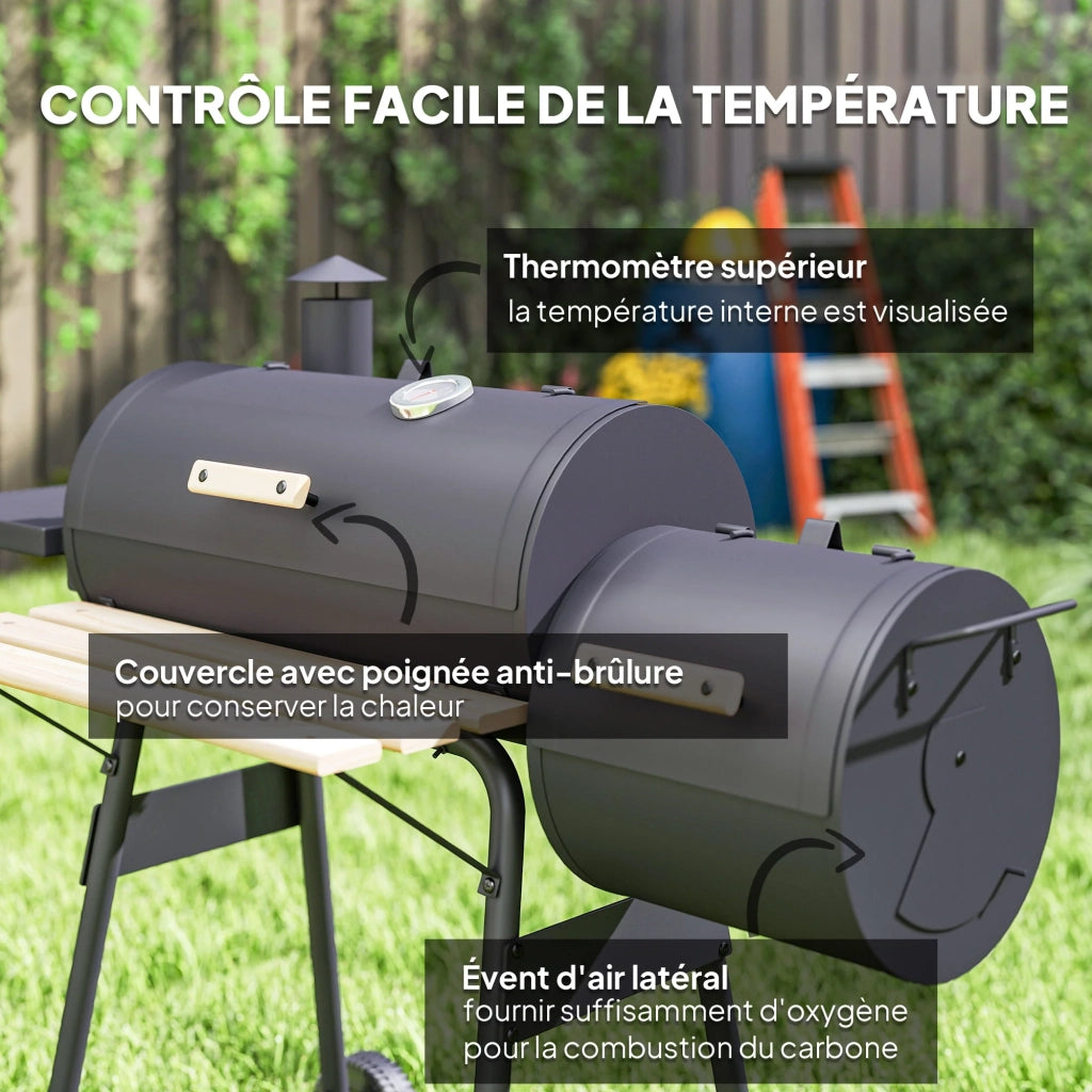 Barbecue a carbone affumicatore a piantana 124 x 53 x 108 cm termometro integrato ruote pratiche industriale in acciaio nero 21_0004388