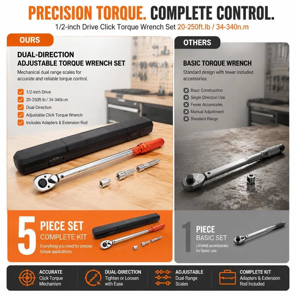 Torque Wrench 12.7 Mm, 34–340 Nm, Bicycle & Motorcycle Set, ± 3% Accuracy, 2 Extension Rods 127 & 76.2 Mm, 12.7–6.35 Mm Adapter, 72-tooth Adjustable Ratchet Head