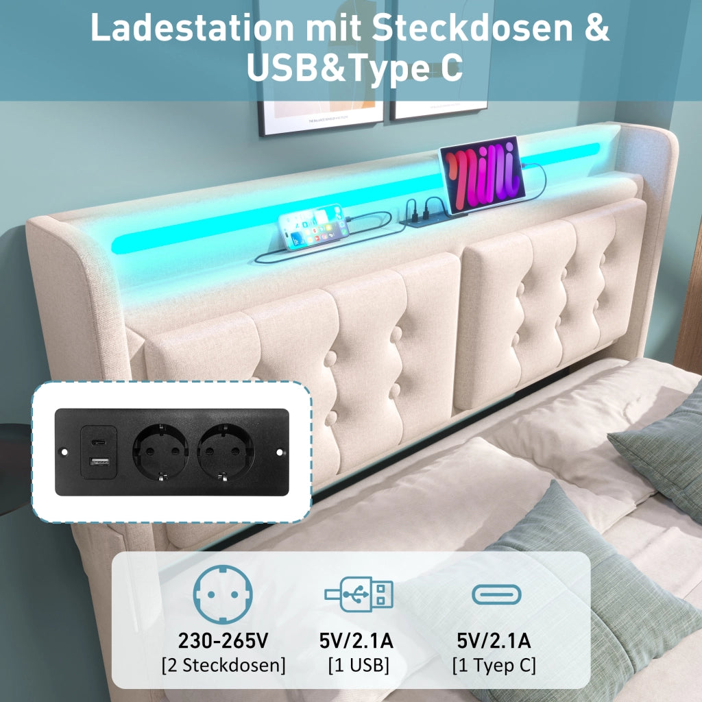 Letto con cassetti 180 × 200 cm LED e ricarica USB-C; testiera imbottita; cotone e lino beige