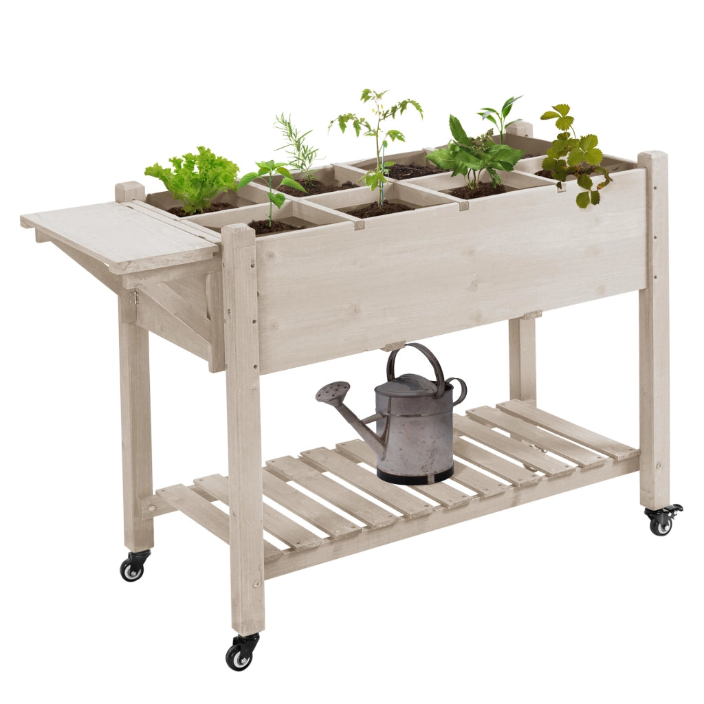 Fioriera Rialzata da Esterno a 8 Sezioni in Legno di Abete con Ripiano Laterale e Mensola Inferiore per Giardino 123x54x87 cm