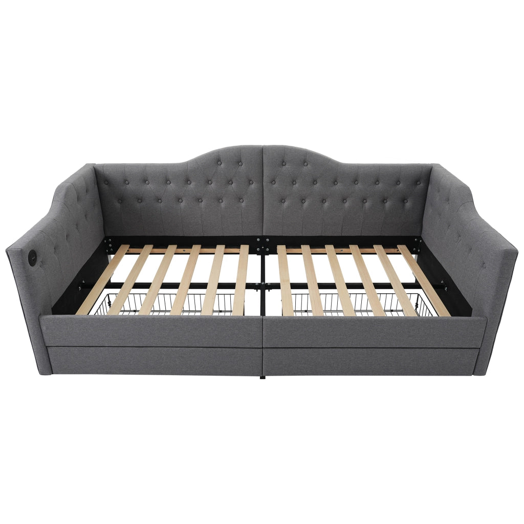 Letto singolo imbottito 90x200 cm con due cassetti; USB-C e struttura in lino grigio
