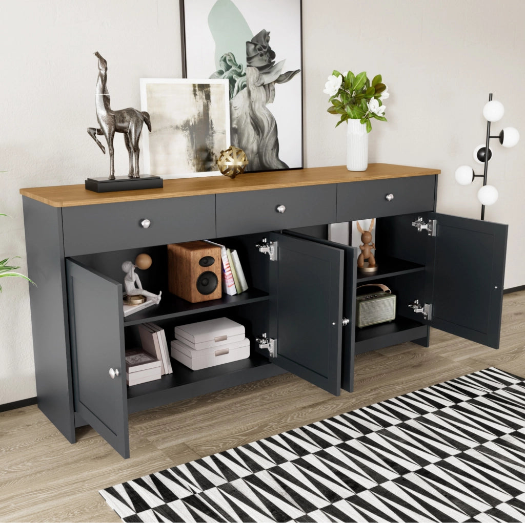 Credenza rustica da 160 cm con 3 cassetti; 4 ante e ripiani regolabili; nero grigio e legno