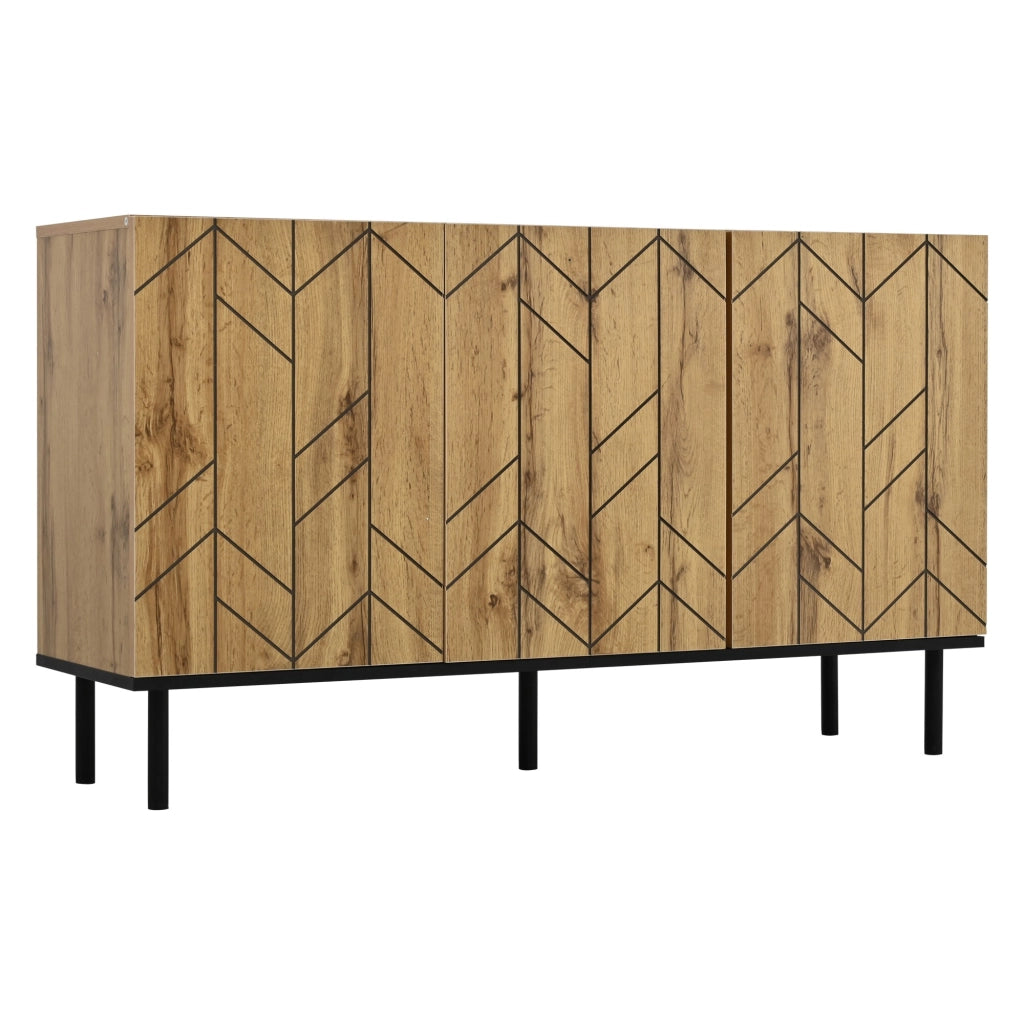 Credenza, mobile a tre ante, pannelli in truciolato, gambe di sostegno in metallo, colore legno naturale
