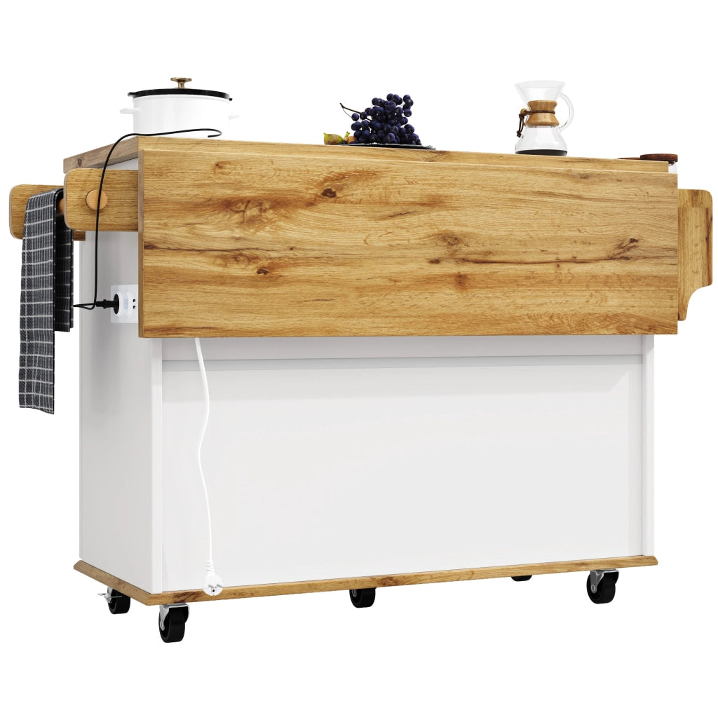 Carrello da cucina mobile con piano di lavoro richiudibile e presa elettrica, bianco effetto legno, 134x46/74x88 cm