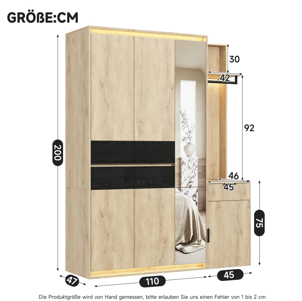 Set guardaroba con specchio e 3 luci LED; 155 ¡Á 47 ¡Á 200 cm; MDF; 5 cassetti