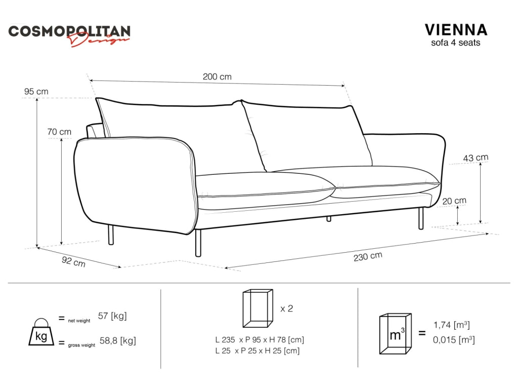 Cosmopolitan Design - Divano "Vienna" 4 posti in velluto grigio scuro 