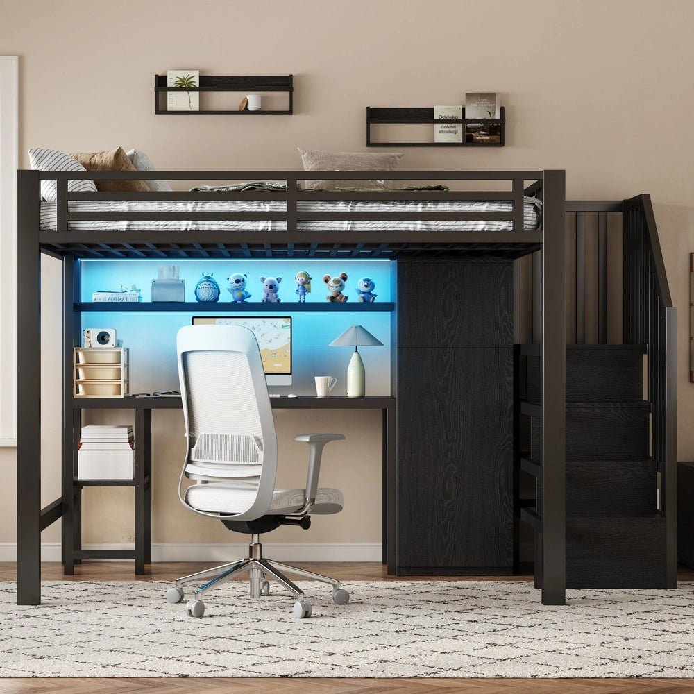 Letto a Soppalco con Scrivania, Libreria e Armadio ¨C MINIMAL ¨C Metallo Nero 140x200