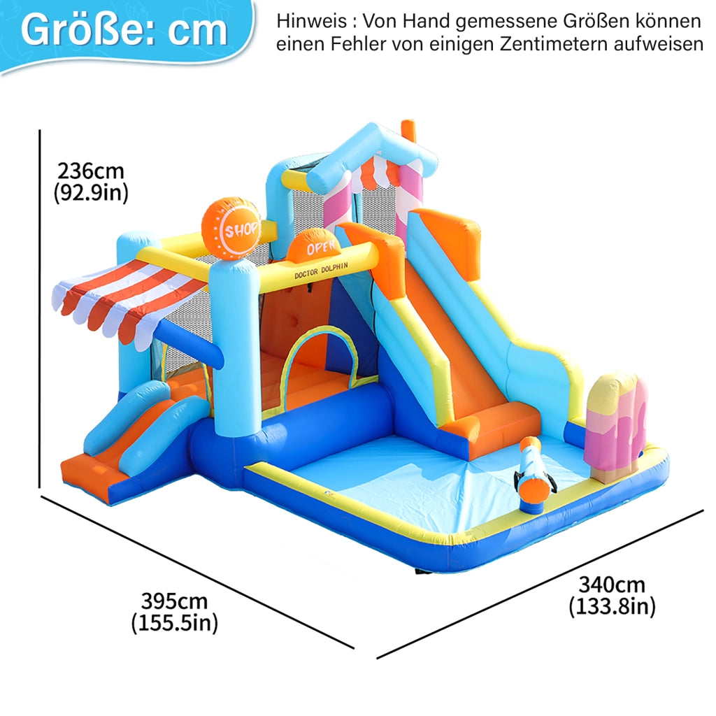 Castello Gonfiabile per Bambini con Ventilatore 450W, Parco Acquatico Multifunzione Esterno con Trampolino, Scivolo d'Acqua, Mini Scivolo, Fontana e Pistole ad Acqua
