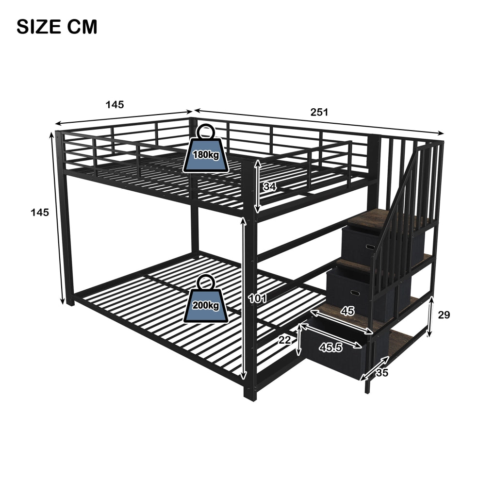 Letto a castello ULEVR 140x200 cm in metallo e MDF, scala reversibile con cassetti, LED, prese e USB, nero