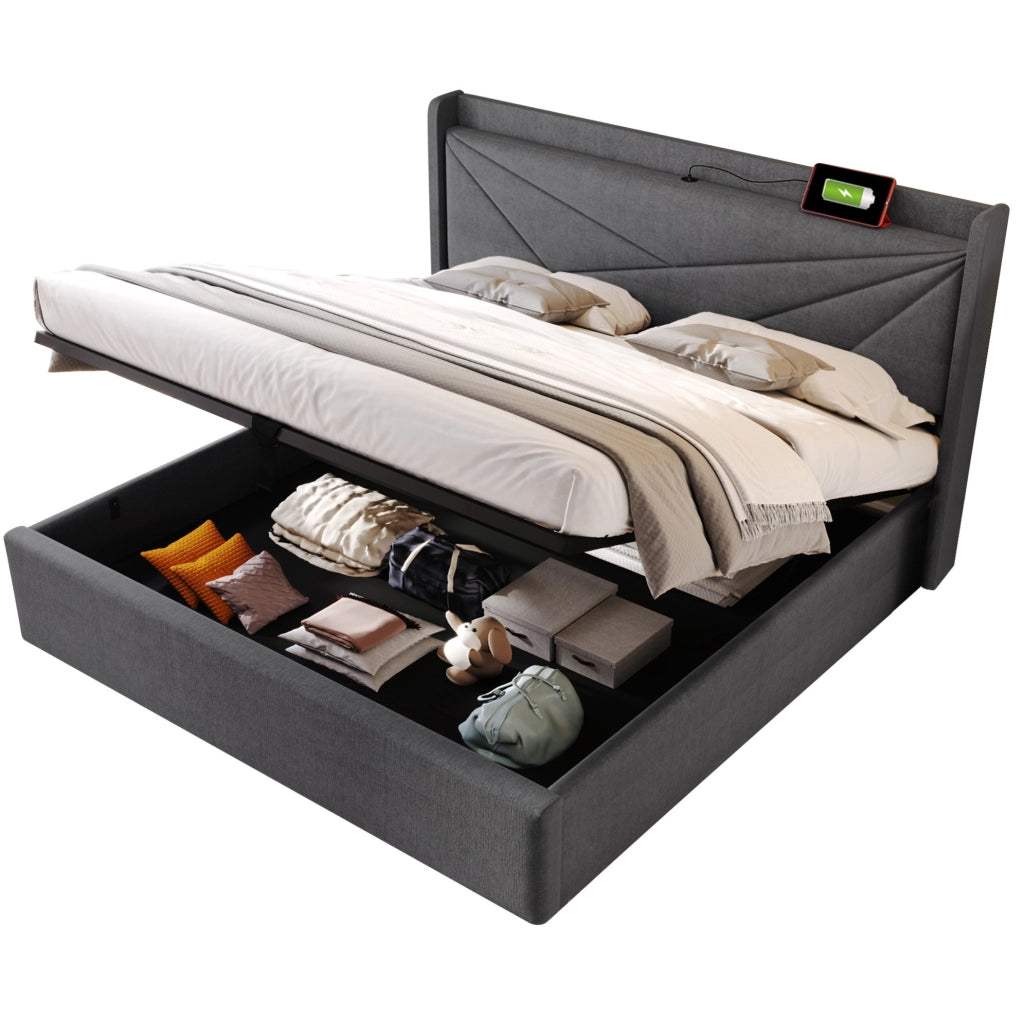 Letto matrimoniale 160x200 grigio con vano contenitore, USB e Type-C