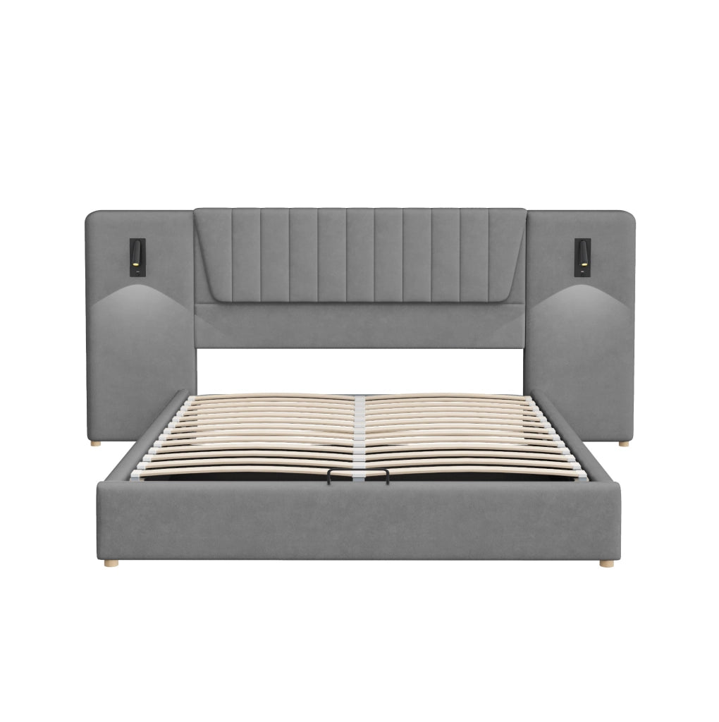 Letto matrimoniale imbottito 180x200 cm con schienale extra lungo, lampada da lettura orientabile e porta USB, spazio contenitore idraulico, tessuto in velluto grigio