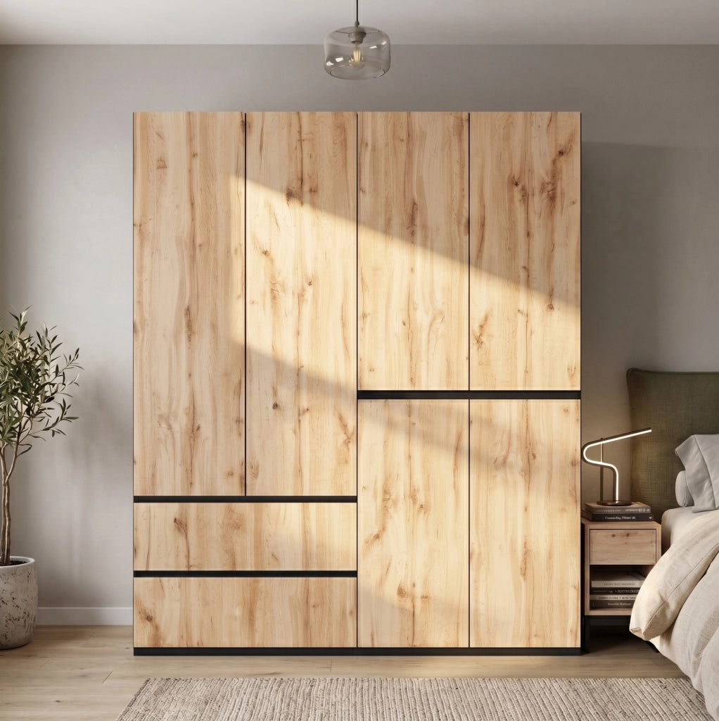 Armadio 6 ante 180x50x200 cm con 5 cassetti e 2 barre appendiabiti rovere HAVRYA