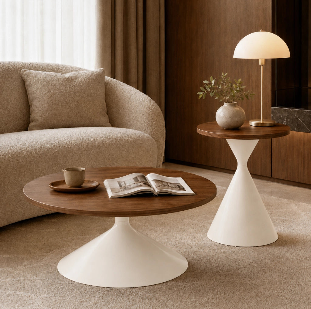 Set tavolino da caffè e tavolino Ø70xH40/Ø50xH50 cm MDF noce e crema
