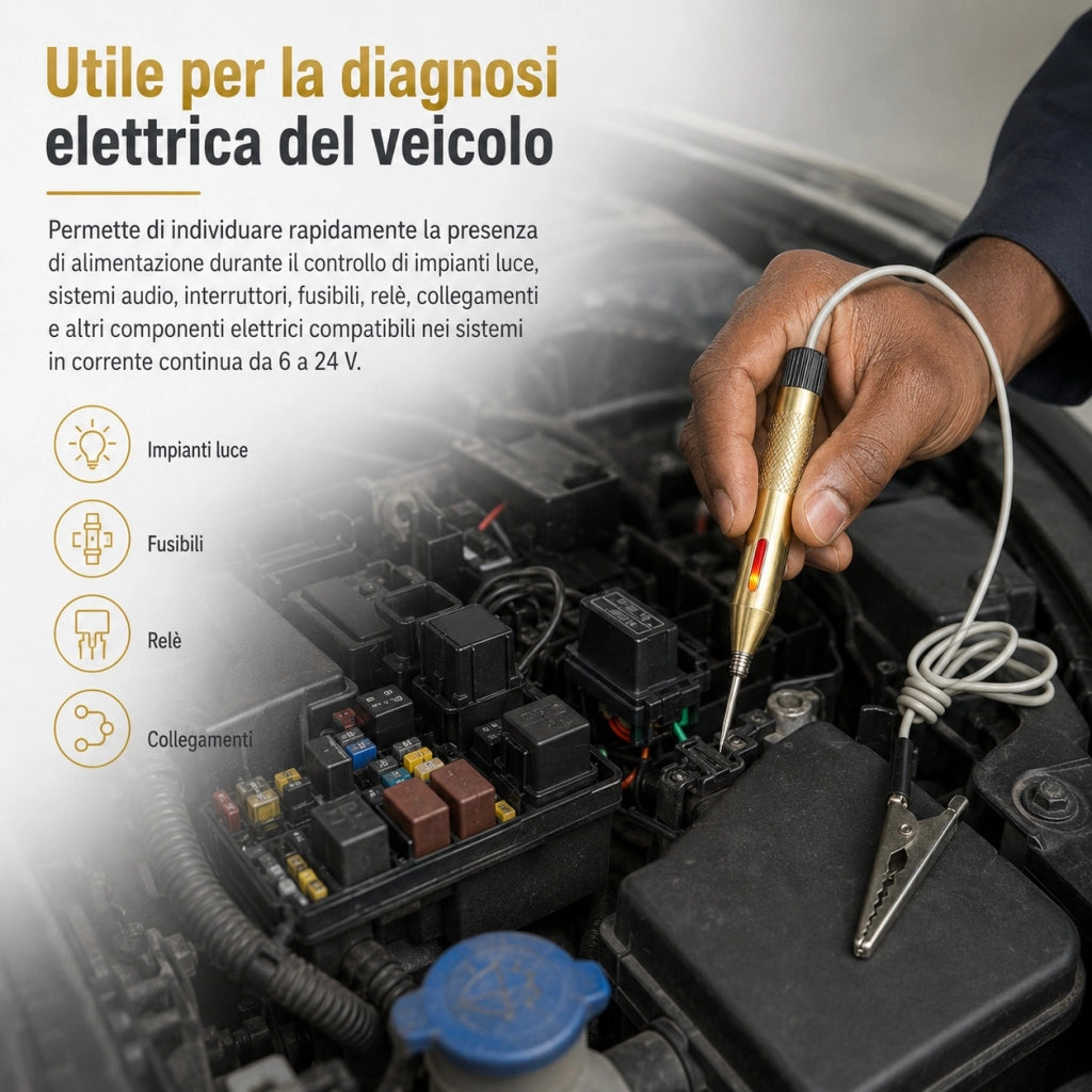 Penna Tester Di Tensione 6-12-24 V DC Auto Moto Camion con Spia e Morsetto 82374