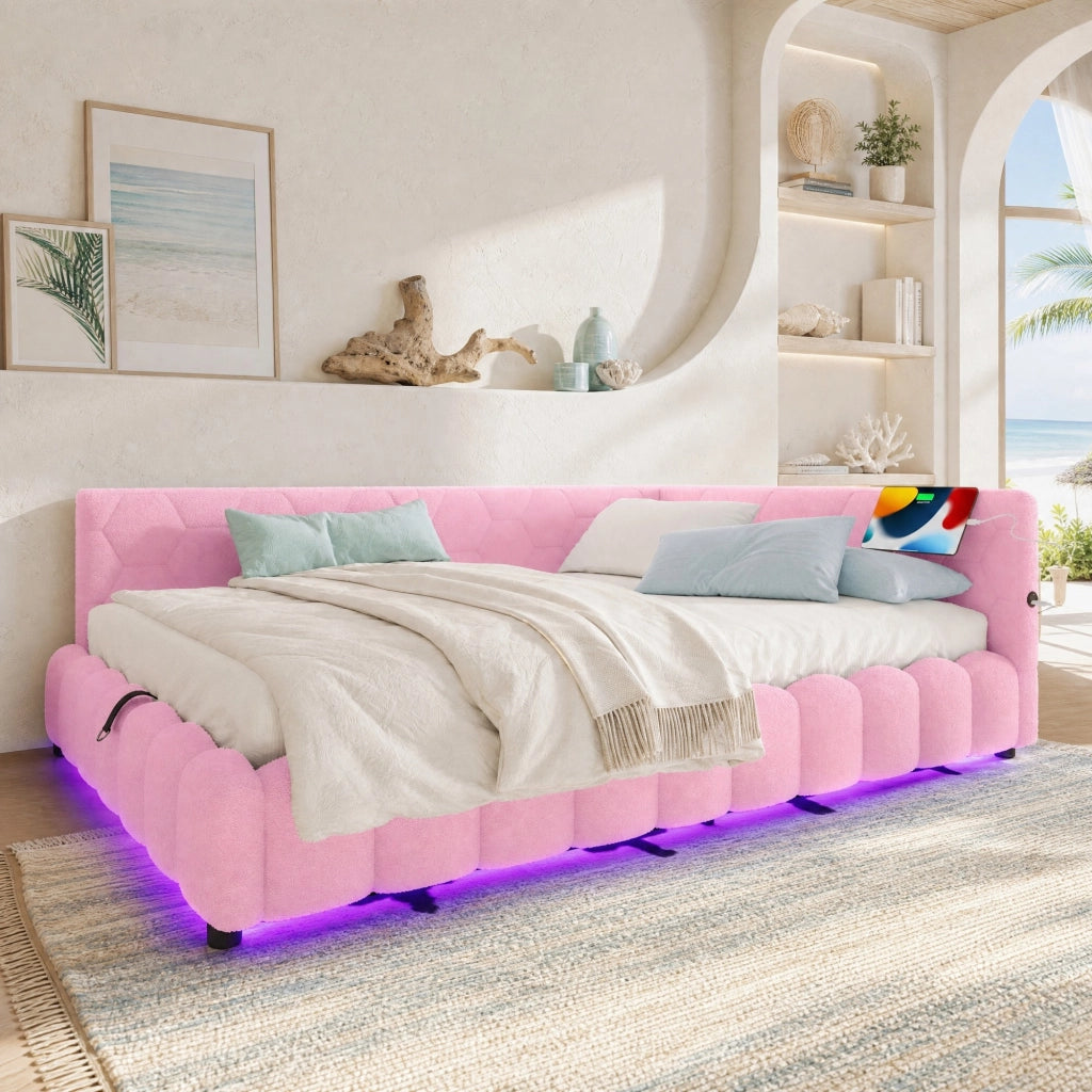 Letto daybed 140x200 cm con contenitore; LED; USB e Type-C; rosa