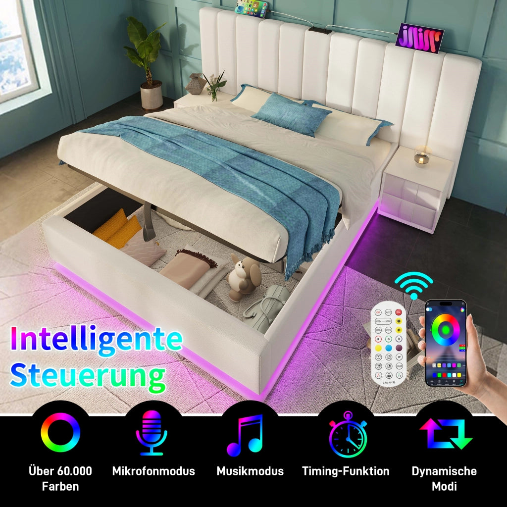 Letto contenitore 160 × 200 cm con LED 360°, 3 USB e Type-C, senza materasso, in PU, bianco